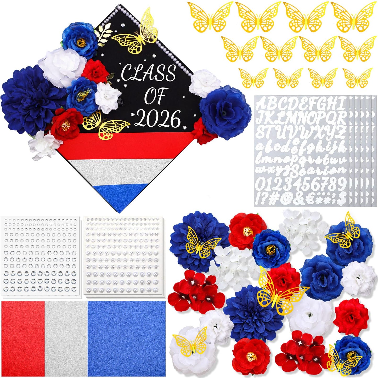 FineCheer 46 Pcs DIY Graduation Cap Decoration Kit Red White Blue Puerto Rico Flower 3D Butterfly Rhinestone Pearl Letter Sticker Glitter Paper for Dominican Republic 2026 Grad Hat Topper Party Decor