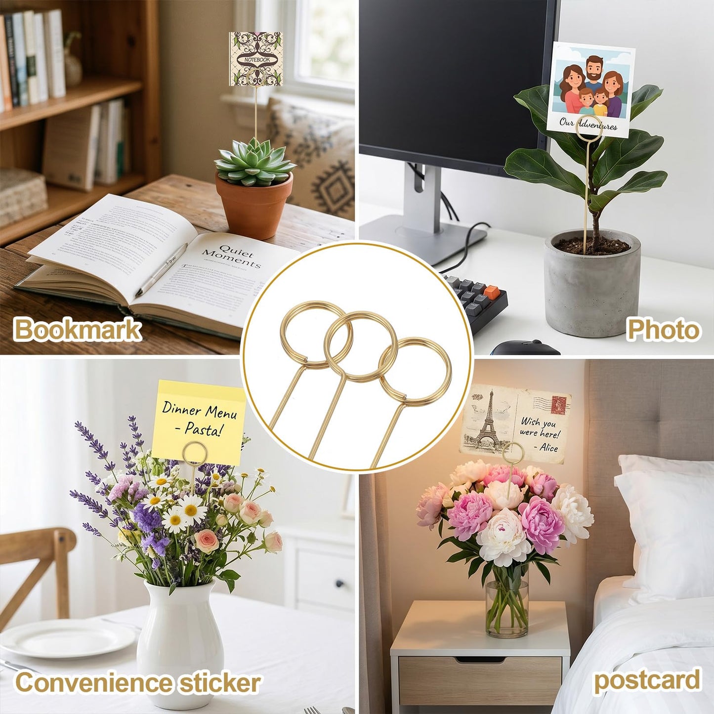 Oqqlin 100 Pcs Floral Card Holder Picks Bulk, 12 Inch Metal Wire Flower Place Card Sticks Round Picture Memo Clip Holder for Wedding, Party, Birthday, Baby Shower Supplies