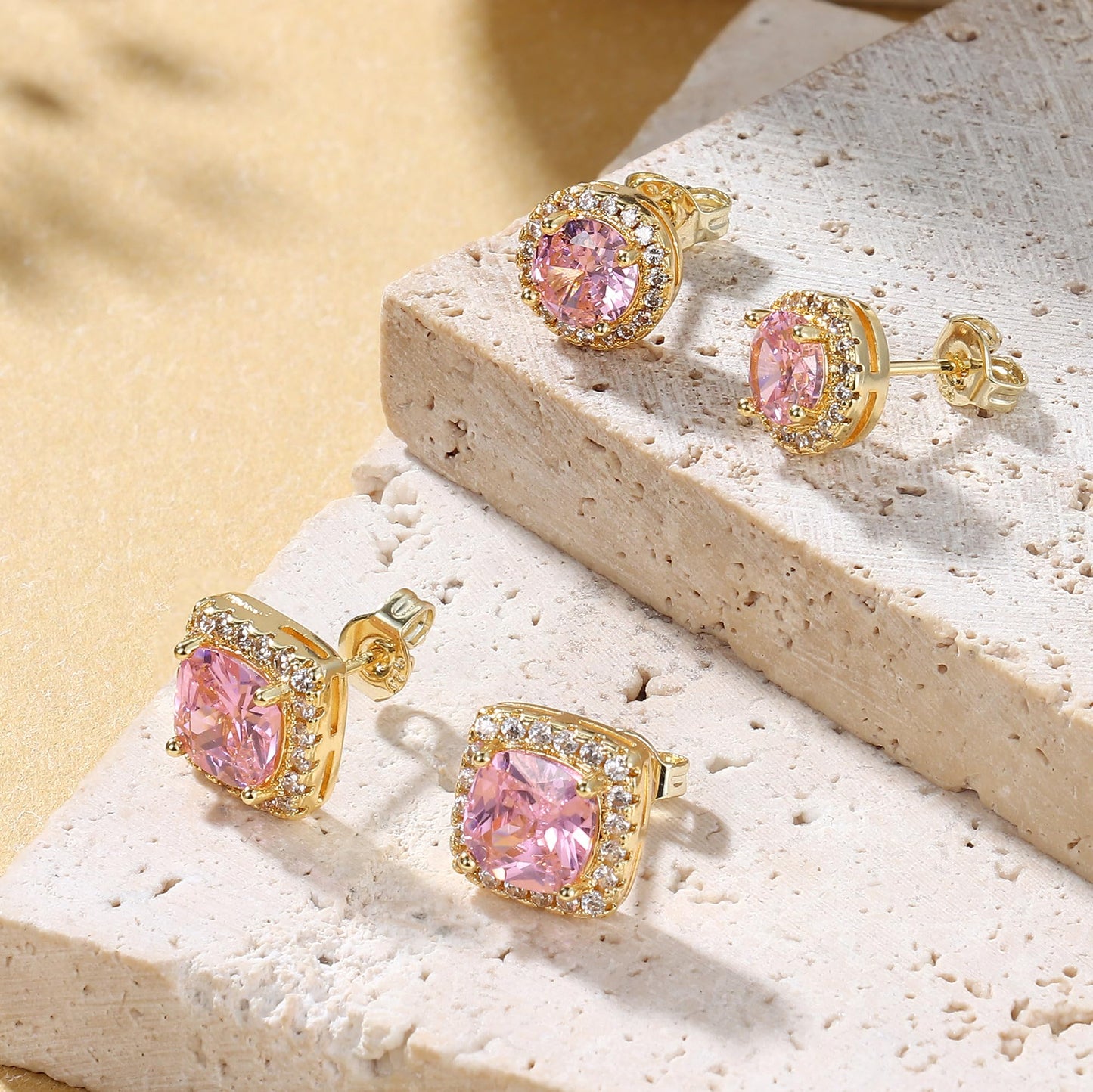 Hayoso Cubic Zirconia Stud Earrings for Women Men Sterling Silver Earring Post Hypoallergenic 14k Gold Plated Round&Square Earrings Gold&Pink