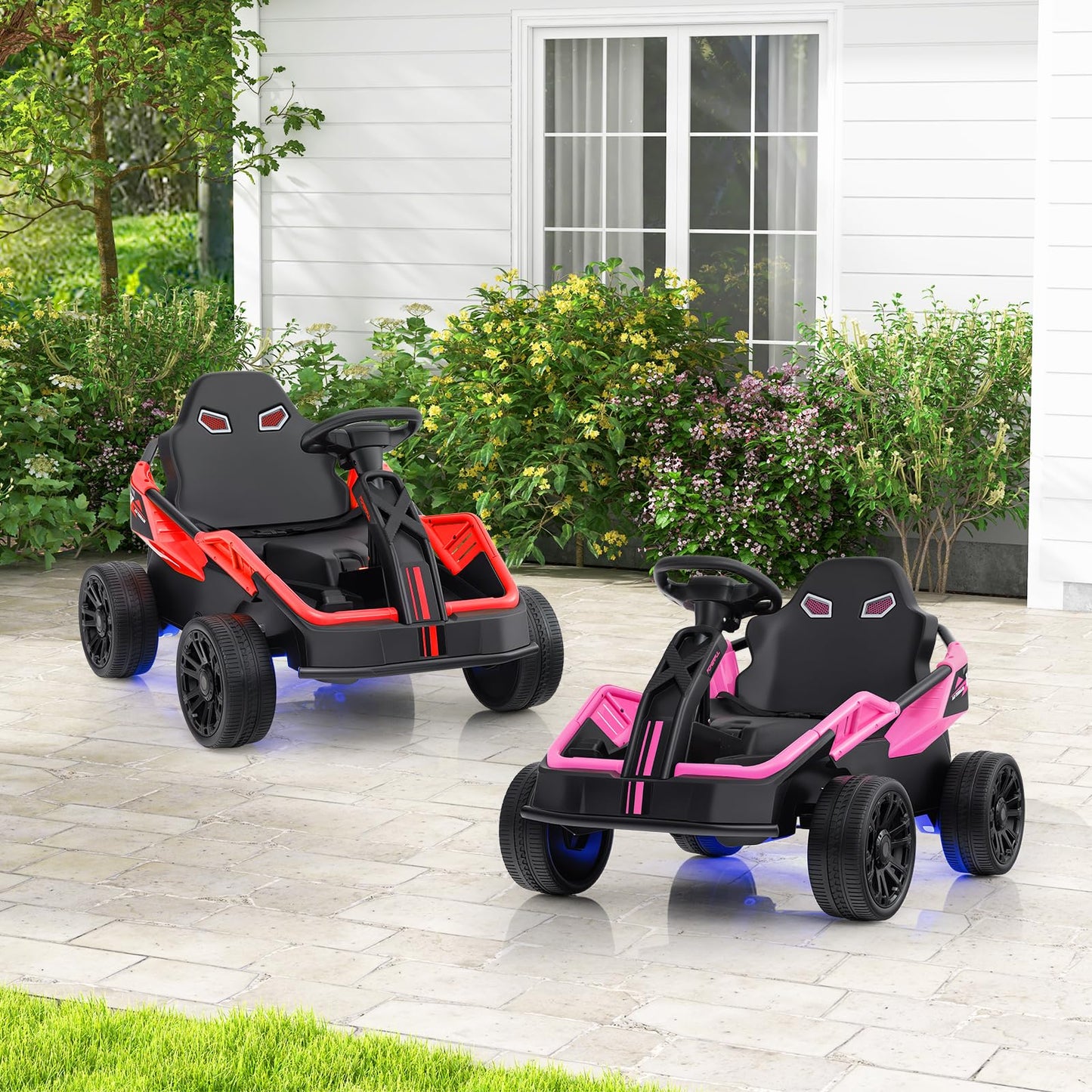 Costzon Electric Go Kart for Big Kids, 12V Ride on Race Toy Car w/Remote Control, LED Lights, 3 Speeds, 16" Wide Seat, Shock Absorbers, Horn & Music, Racing Kids Electric Kart for Boys & Girls (Pink)