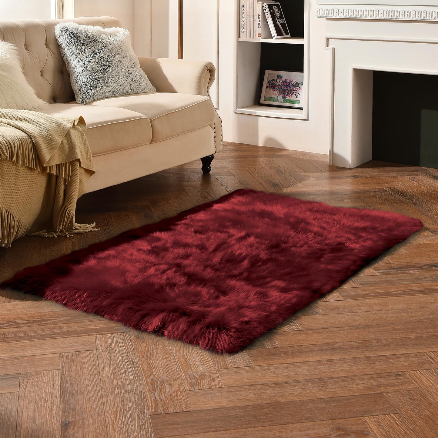 duduta Burgundy Faux Fur Rug 3x5 ft for Nursery Girls Bedroom, Fluffy Shag Rectangle Sheepskin Rug Machine Washable