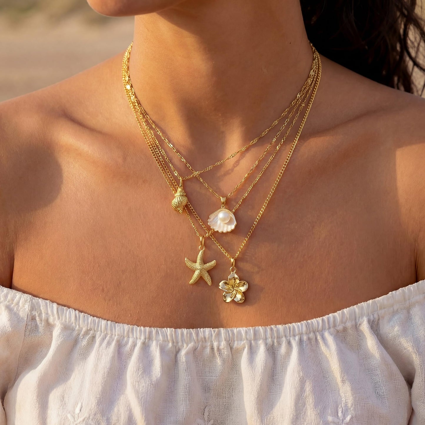 Shell Starfish Necklace for Women, Gold Plated Boho Layered Pendant Necklace with Pearl Conch Charm, Dainty Coastal Summer Beach Vacation Jewelry Gifts(Flower)