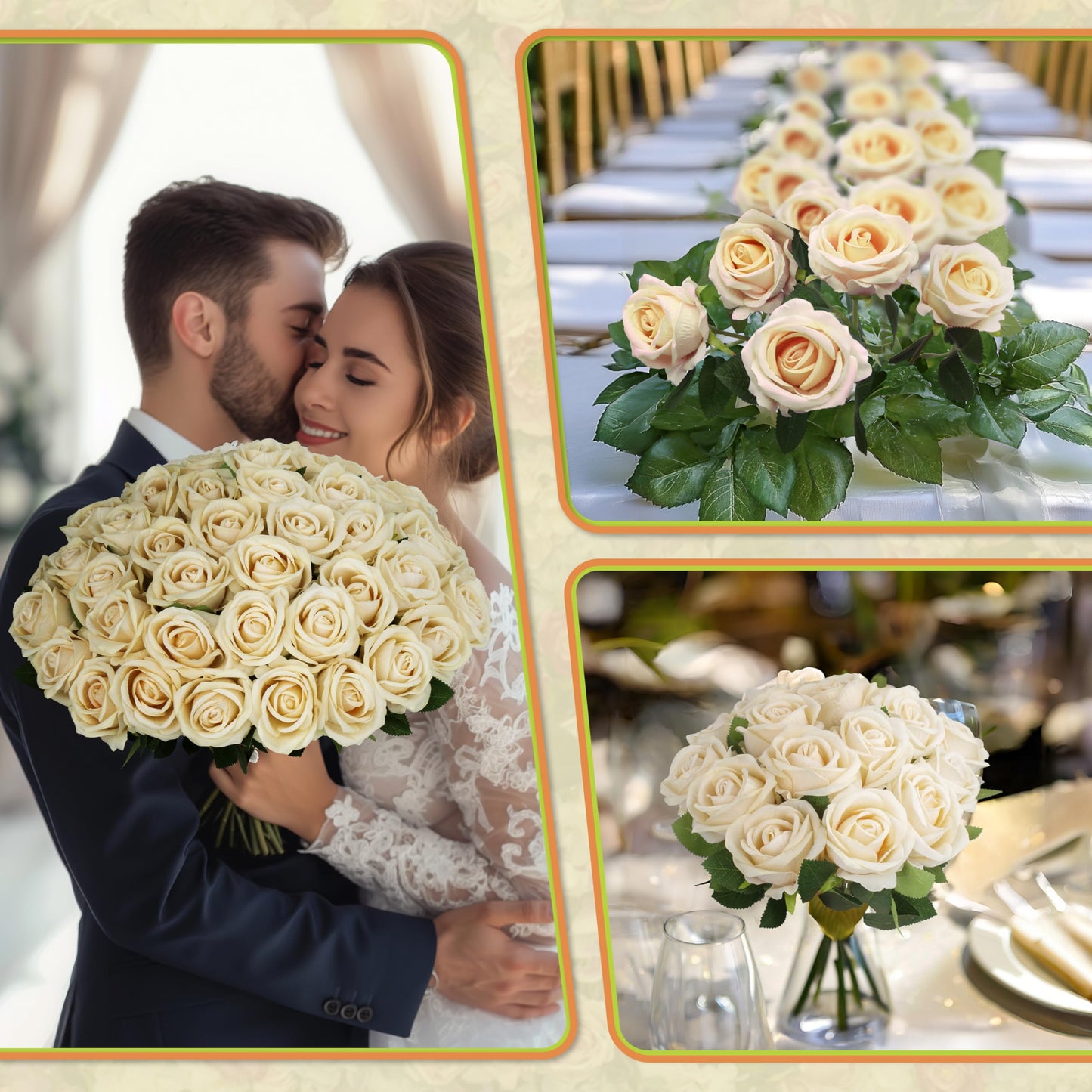 Jefuzh 50 PCS Fake Champagne Roses, Artificial Flowers Bulk Realistic Silk Faux Rose with Stems for Wedding Decorations, Bridal Bouquets, Mother's Day Thanksgiving DIY Floral and Home Decor