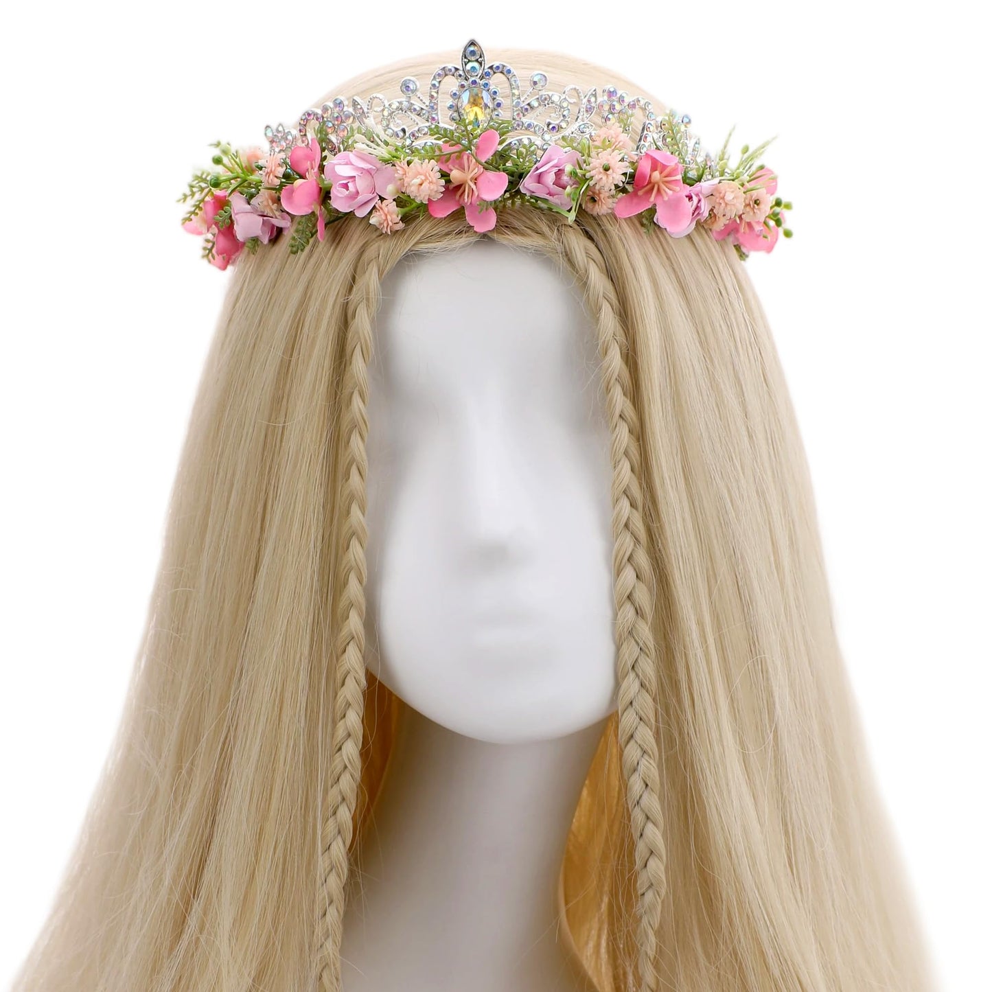 KorViSHOW Pink Flower Crown Headband, Fairy Princess Floral Headpiece, Bridal Flower Tiaras for Women Girls Maternity Birthday Wedding Renaissance Festival Party Hair Accessories