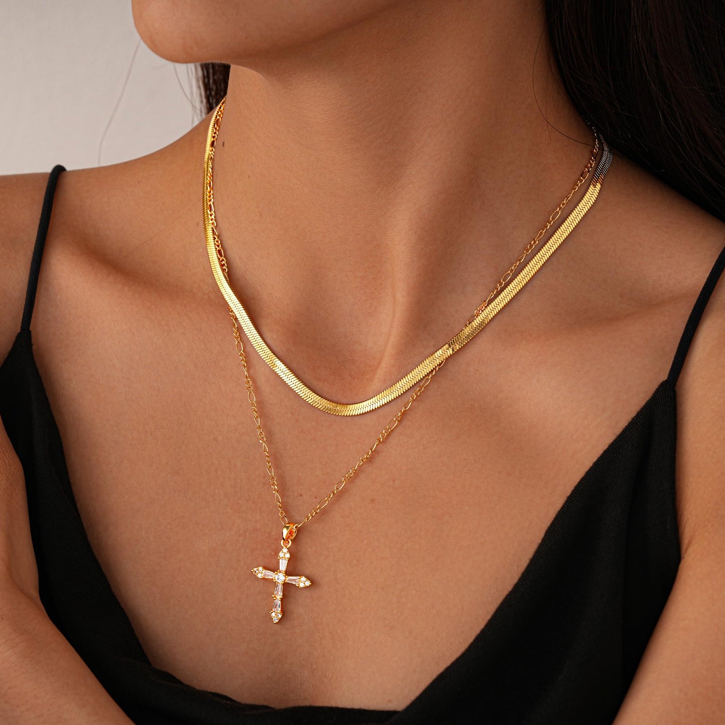 ANDKISS Layered Cross Necklace for Women - Dainty 14K Gold Plated Stacked Necklaces Trendy Snake Chian Cross Pendant Necklace Jewelry Gifts Christmas Women