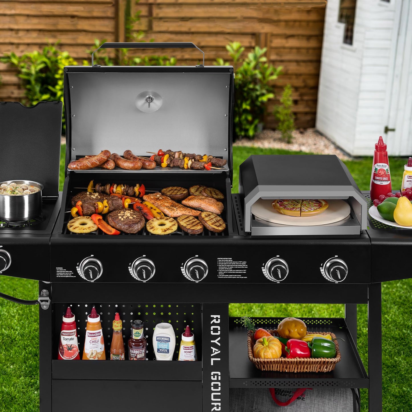 Royal Gourmet ZH3004H 3-in-1 Premium Gas Grill and Pizza Oven Combo with Side Burner, 59,000 BTU, 5-Burner Propane Gas Grill, Pizza Grill Combo, for Backyard, Patio and Outdoor, Black