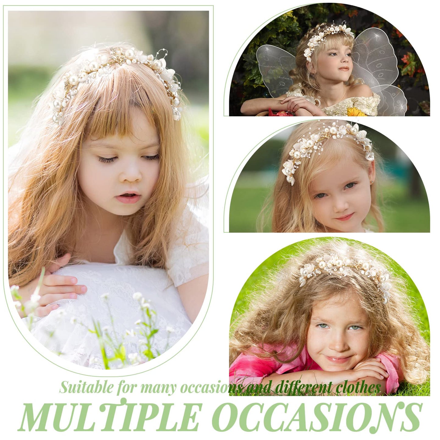 Retrowavy 2 Pcs Flower Girl Headpiece, Flower Girl Hair Accessories Rhinestone Crystal Princess Pearl Headband Bridal Hair Headband for Wedding First Communion(Gold)