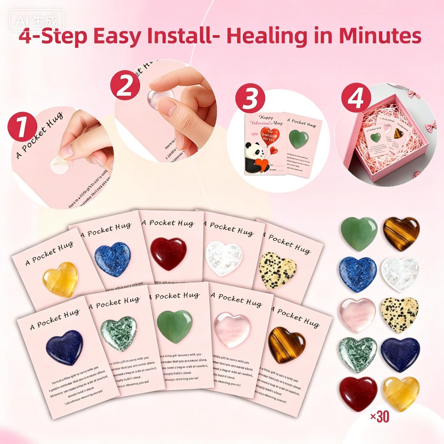 VRBELNI 30 Packs Healing Crystals Set for Anxiety Stress Relief, Natural Heart Chakra Stones Reiki Kit with Positive Cards, Self Care Gift for Women Men (Comes with 'Valentine's Day' Printed Card)
