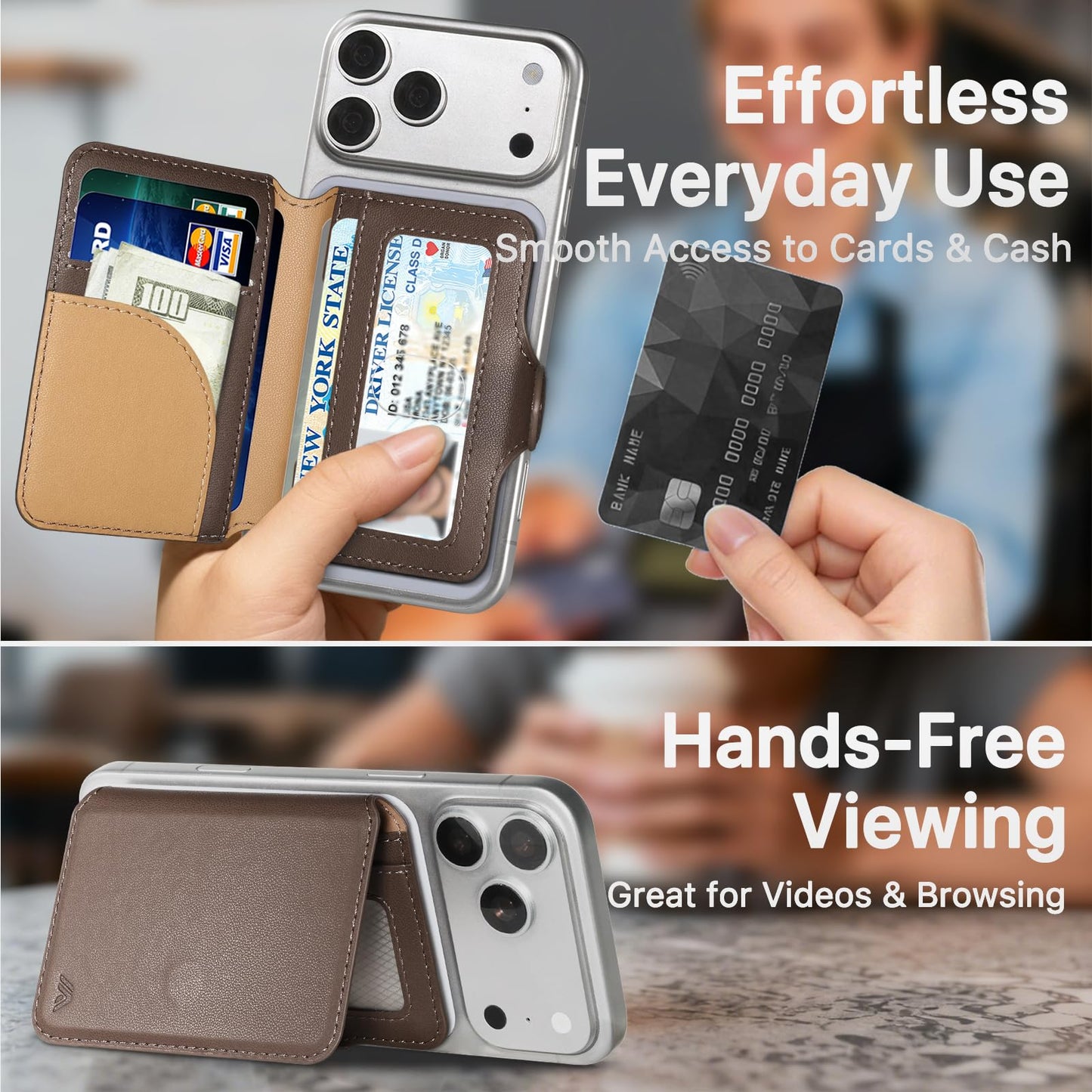 MEFON for MagSafe Wallet, Magnetic Phone Wallet RFID Blocking, Slim 5-8 Card Holder with Cash Slot & Clear ID Window, Minimalist Mag Safe Wallets for iPhone 17/16/15/14/13/12 Series, Mocha Brown
