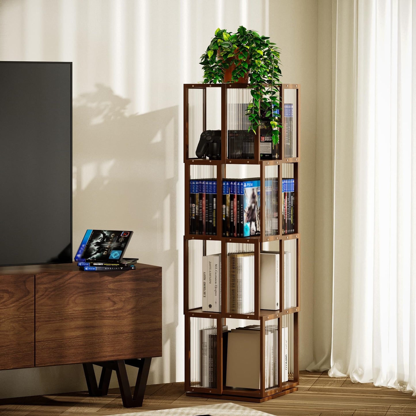 BAMEOS Rotating Bookshelf Tower 4 Tier, 360 Spinning Bookcase with Solid Wood Frame & Bamboo Finish, 4-Component Easy Assembly Corner Book Shelf for Small Spaces, Office, Bedroom, Living Room