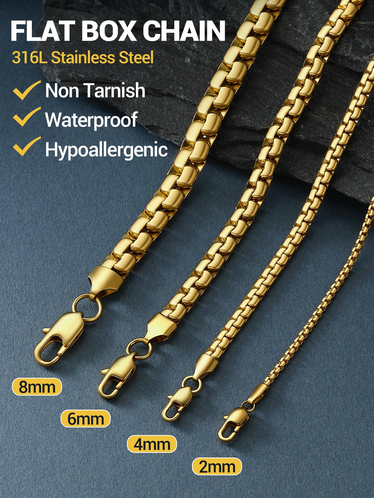 PROSTEEL Gold Chain for Men Stainless Steel Gold Necklace Tarnish-Resistant 8mm Flat Box Necklace Punk Cool Chain