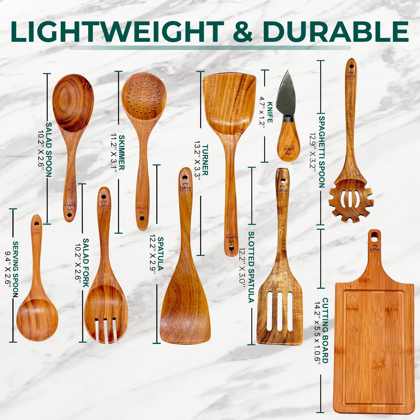 La Vie Gallery Teak Wooden Cooking Spoons Set -10-Piece Nonstick Cookware - Handmade Wooden Teak-Bamboo Charcuterie Board With Knife - Wooden Kitchen Utensils, Ideal Gift Set For Weeding,Birthday