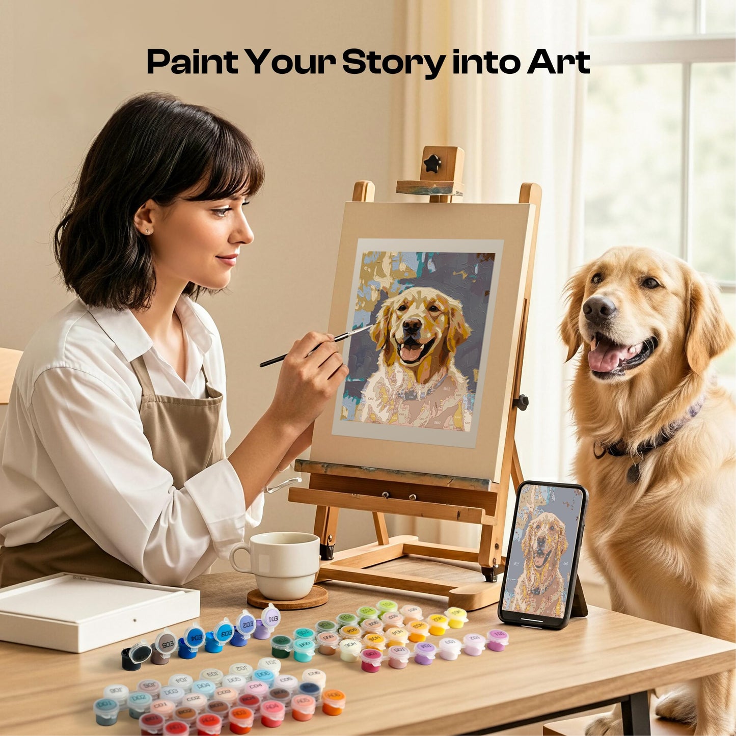 Caydo 4 Pack Custom Paint by Numbers Kit for Adults, Turn Your Photo into Paint Templates via App, A4 Canvases, 10 Brushes & 60 Colors, Relaxing Crafts Gift for Dog Lovers to Create Home Wall Art