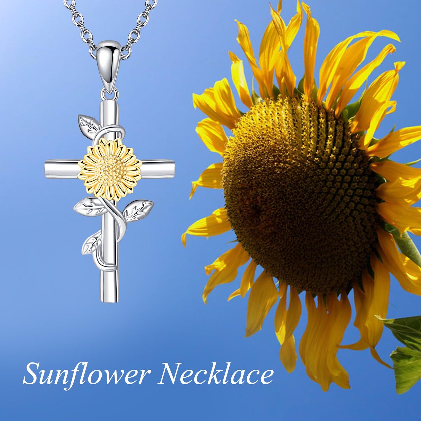 Sunflower Cross Necklace 925 Sterling Silver Cross Sunflower Pendant Necklace Birth Flower Jewelry for Women