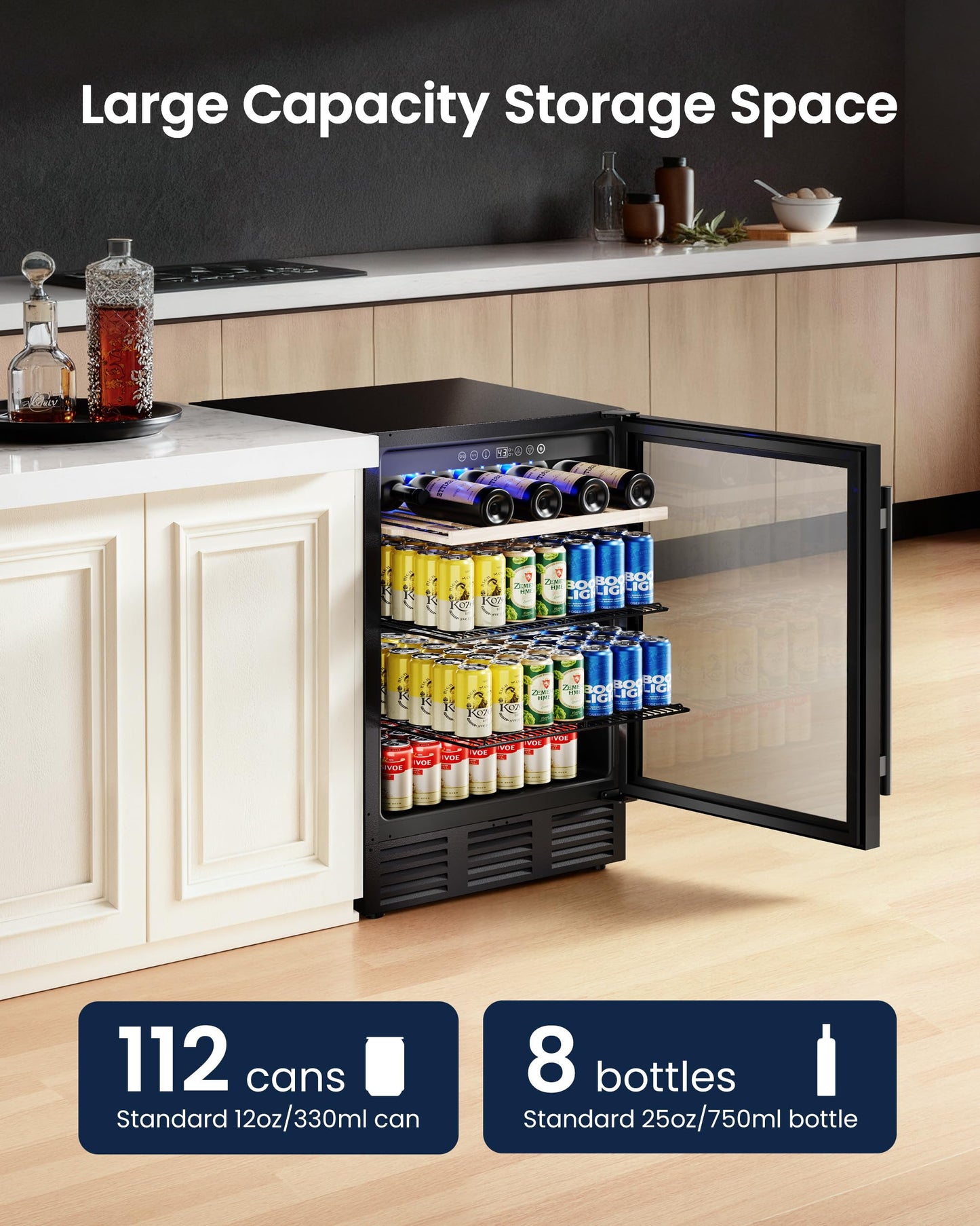 ICEVIVAL 24 In Beverage Refrigerator, 112 Cans & 8 Bottles Wine Fridge with Double-Layer Glass Door, Built-In or Freestanding Wine and Beverage Refrigerator, Under Counter Fridge for Home/Bar/Cafe
