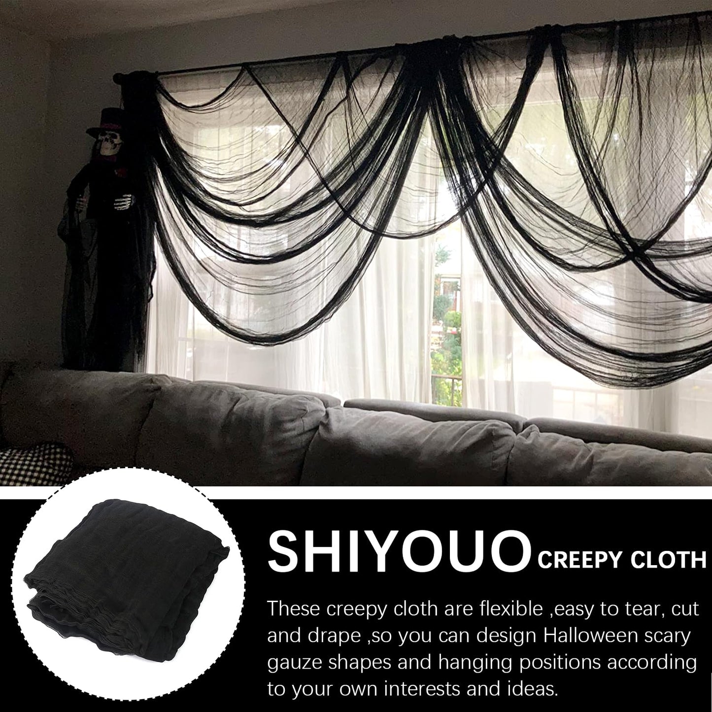 SHIYOUO 400" x 85" Halloween Black Creepy Cloth, Large Size Spooky Gauze Fabric, Halloween Scary Decoration for Haunted Houses Party Supplies Indoor Outdoor-Black 400" x 85"