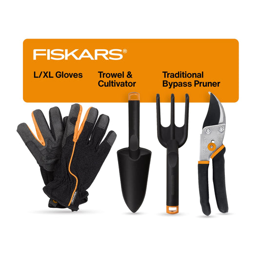 Fiskars 4-Piece House Plant Starter Tool Gift Set, Plant Care Accessories Set for Indoor Gardening and Potting, Pruning Shears with Steel Blade, FiberComp Trowel & Cultivator, L/XL Garden Gloves