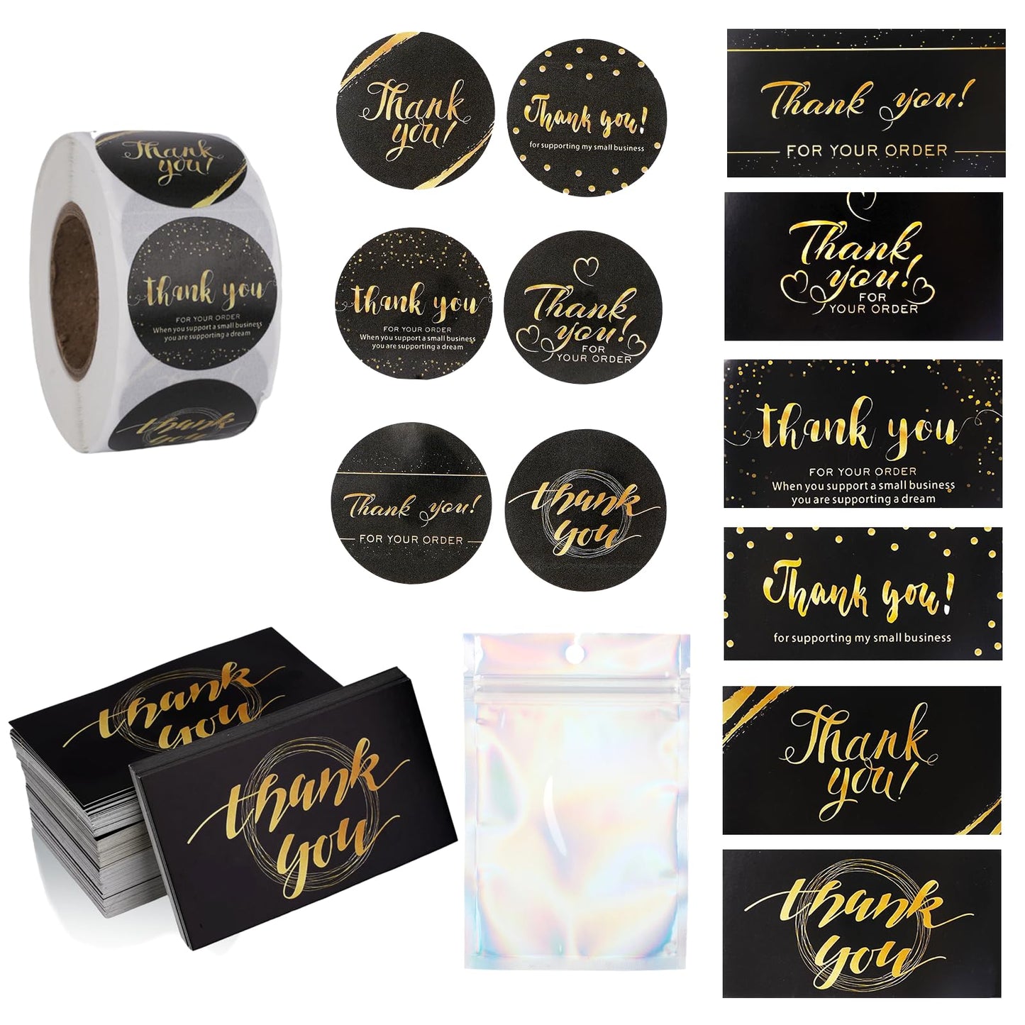 670Pcs Thank You Cards and Stickers Set- 500 Thank You for Supporting My Small Business Stickers & 120 Cards with 50 Resealable Packaging Bags, Small Business Essentials (Black)