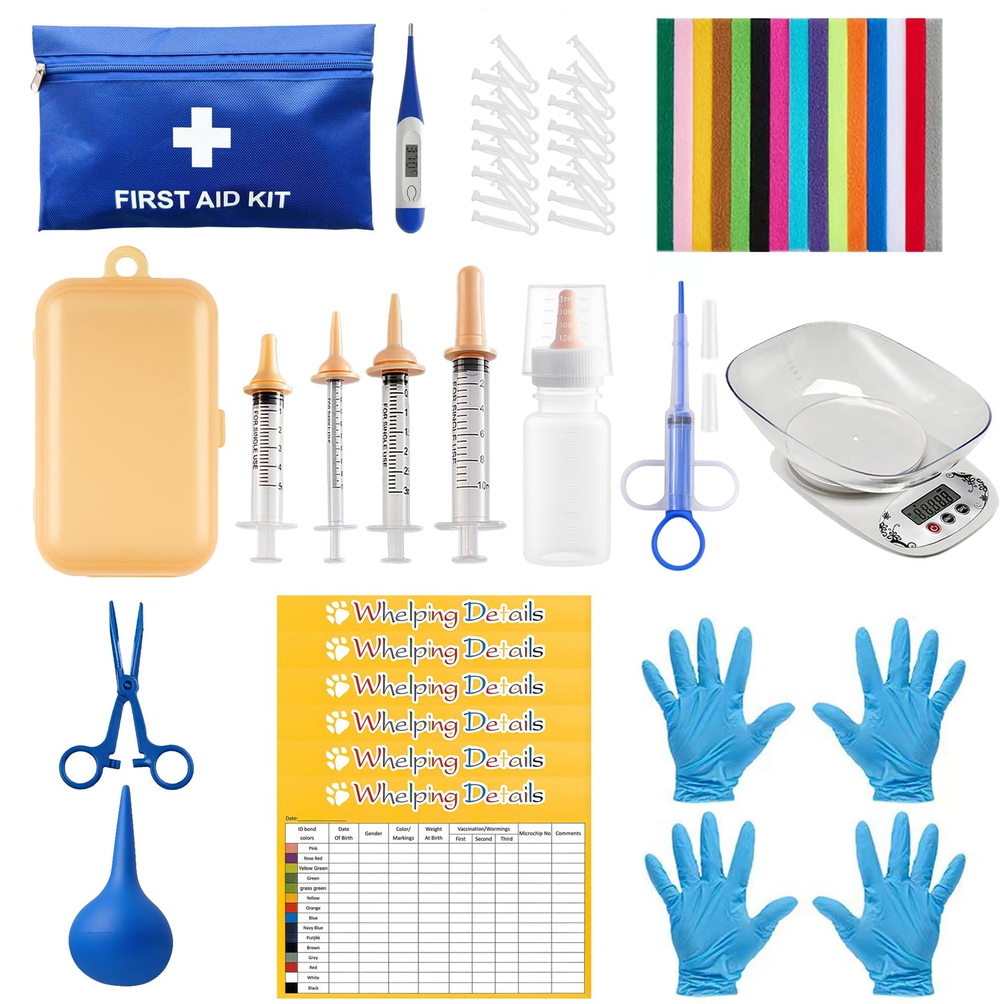 52pcs Puppy Whelping Supplies,Whelping kit,Puppies Birth,Kitten Dog Supplies,Puppy kit,Bottle Feeding kit for Newborn Puppy, Puppy Whelping Collars,Tube,Cord Clamps,Gloves,Digital Thermometer Scale