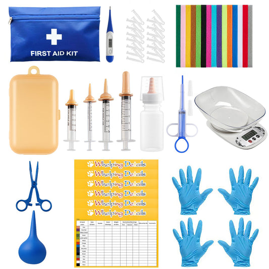 52pcs Puppy Whelping Supplies,Whelping kit,Puppies Birth,Kitten Dog Supplies,Puppy kit,Bottle Feeding kit for Newborn Puppy, Puppy Whelping Collars,Tube,Cord Clamps,Gloves,Digital Thermometer Scale