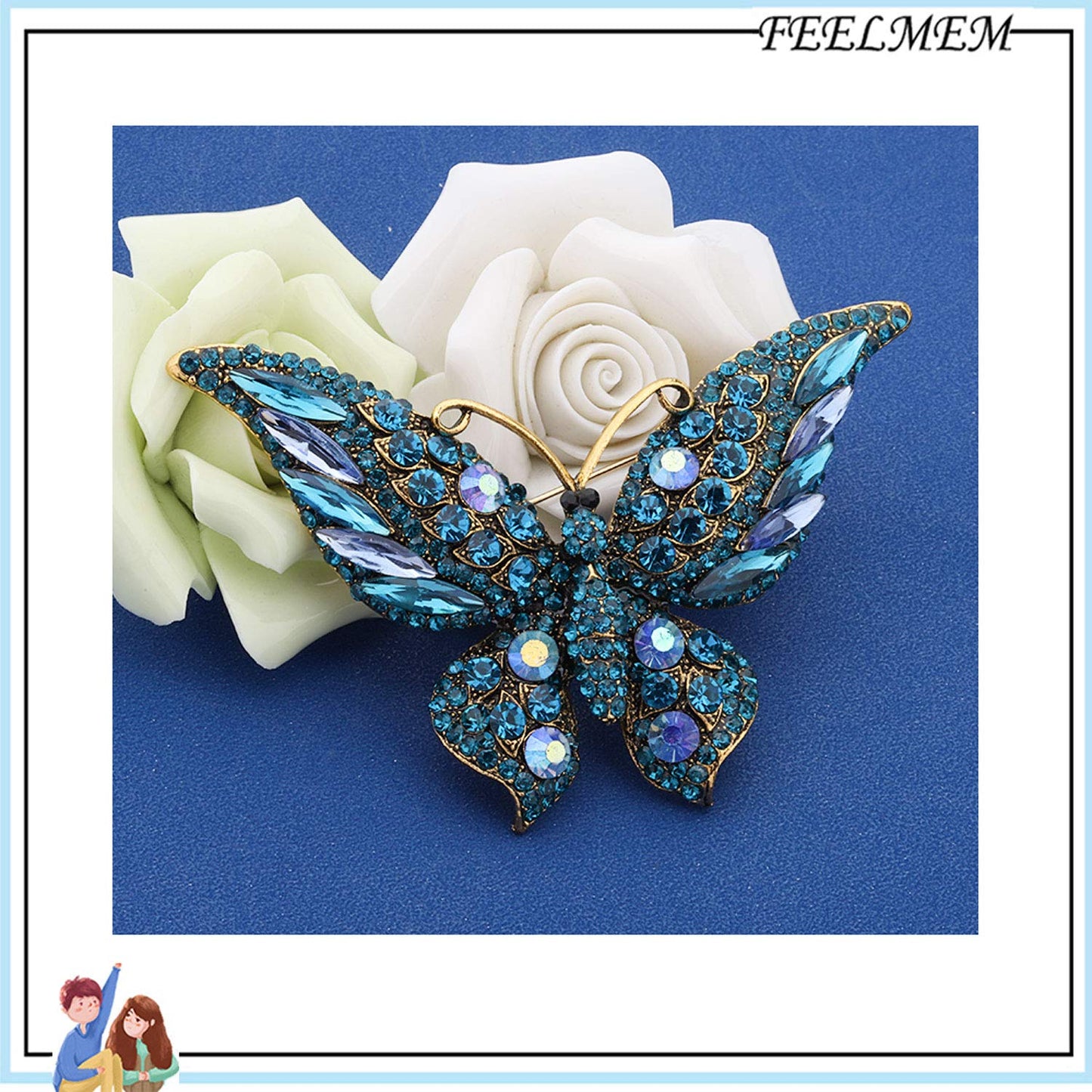 FEELMEM Crystal Rhinestone Butterfly Brooch Pin Blue Color Butterfly Brooches for For Women Wedding/Banquet/Birthday Party (blue-2)
