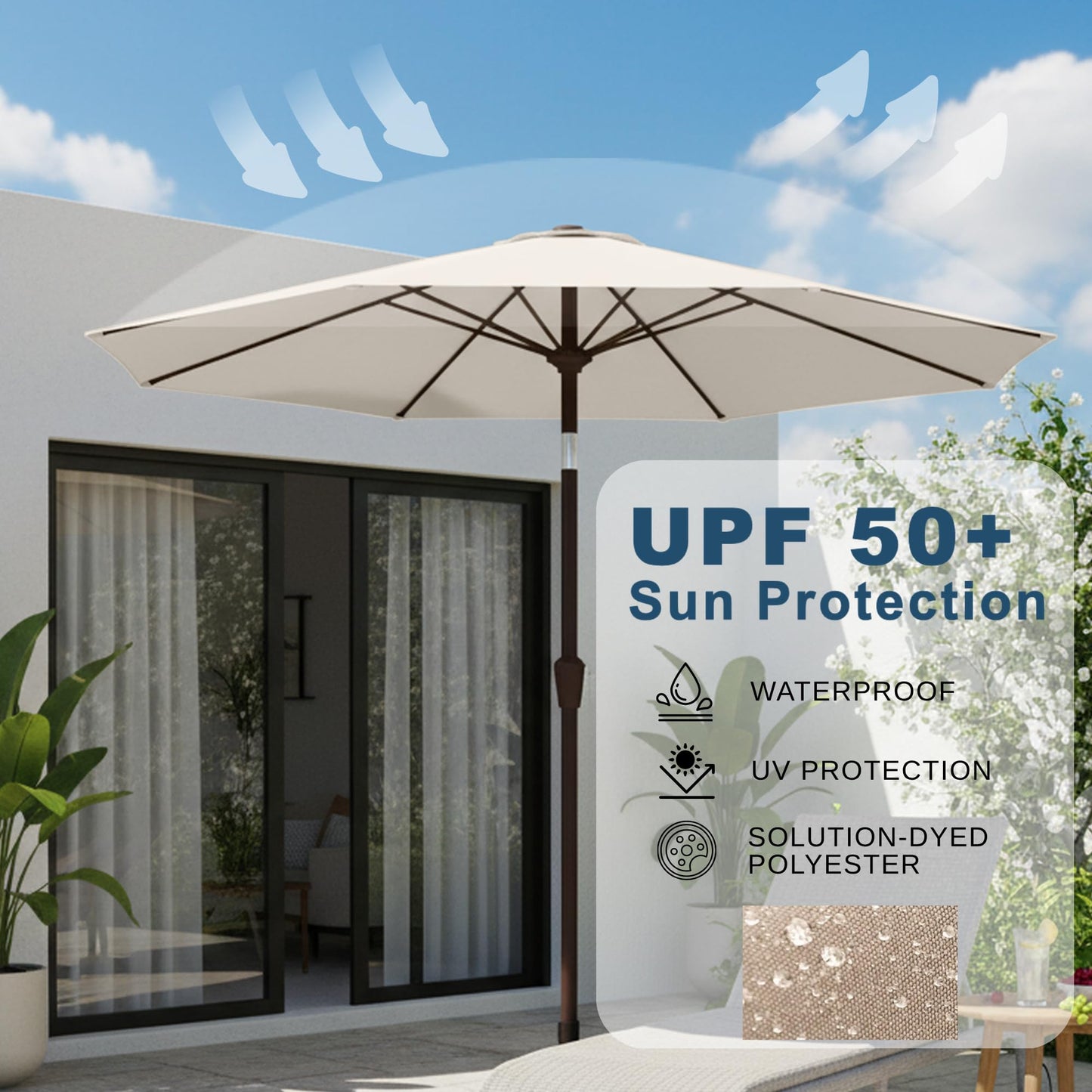 Tobeos 9ft Patio Umbrella with Push Button Tilt and Crank,Outdoor Market Table Umbrella UV Protection 8 Sturdy Ribs for Backyard,Garden,Pool,Deck(Creamy-white)