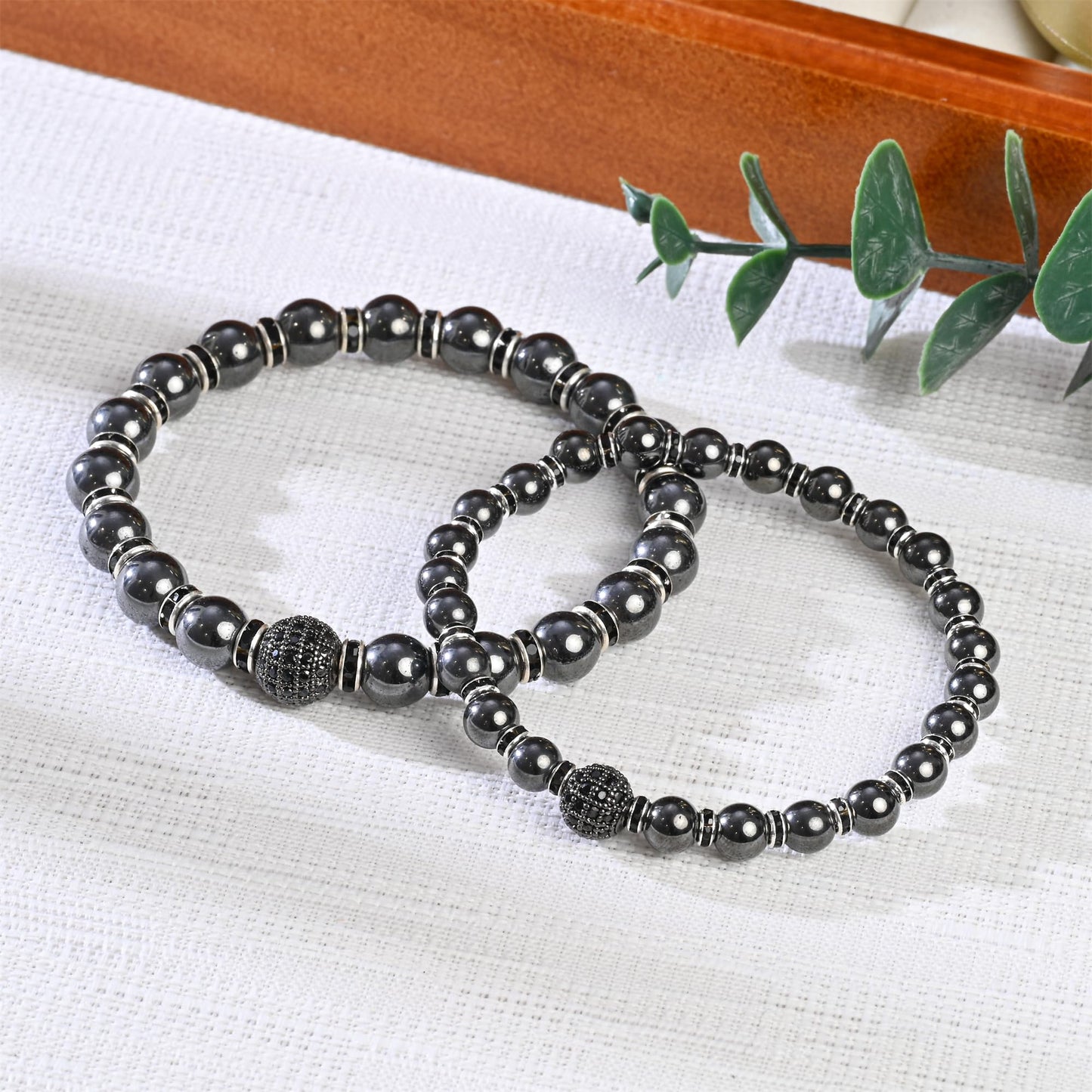 Apocalyptic-K Women's Magnetic Bracelet，Hematite Bracelets，Magnetic Bracelets With Zirconia,Handmade Stretch Bracelet，Eliminates static electricity. (8MM Black &10MM Zirconia)