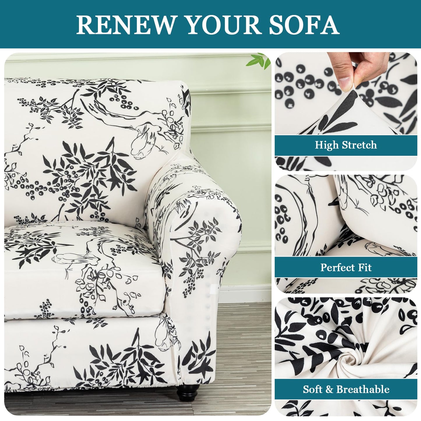 FUANGUI 2 Piece Chair Covers Stretch Arm Covers Chair Couch Covers, Armchair Slipcover with Separate Chair Cushion Cover, Floral Washable Chair Protector for Living Room (Armchair, Ink Pattern)