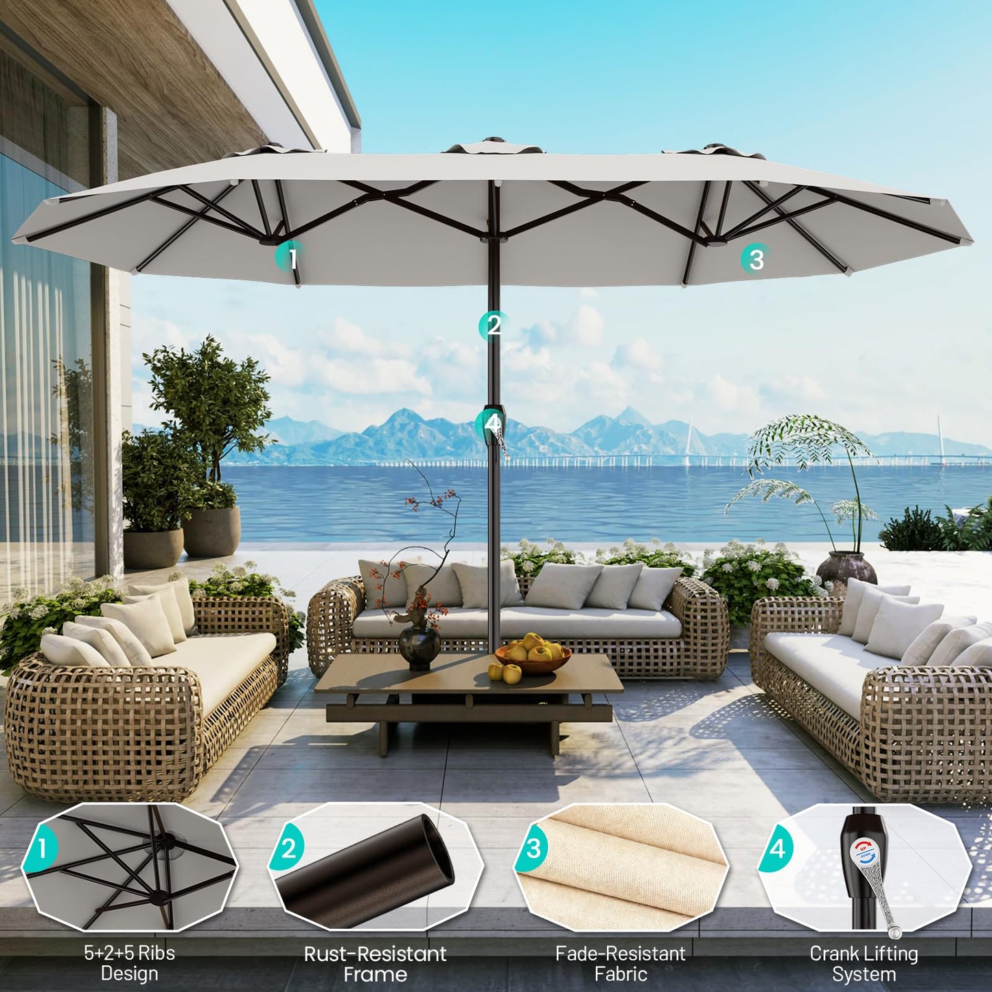 AreShark 15FT Outdoor Patio Umbrella with Crank, Large Rectangular Market Umbrella, Double-Sided Outdoor Umbrellas with Cross Base & Sandbag for Porch, Lawn, Pool, Backyard, Light Gray