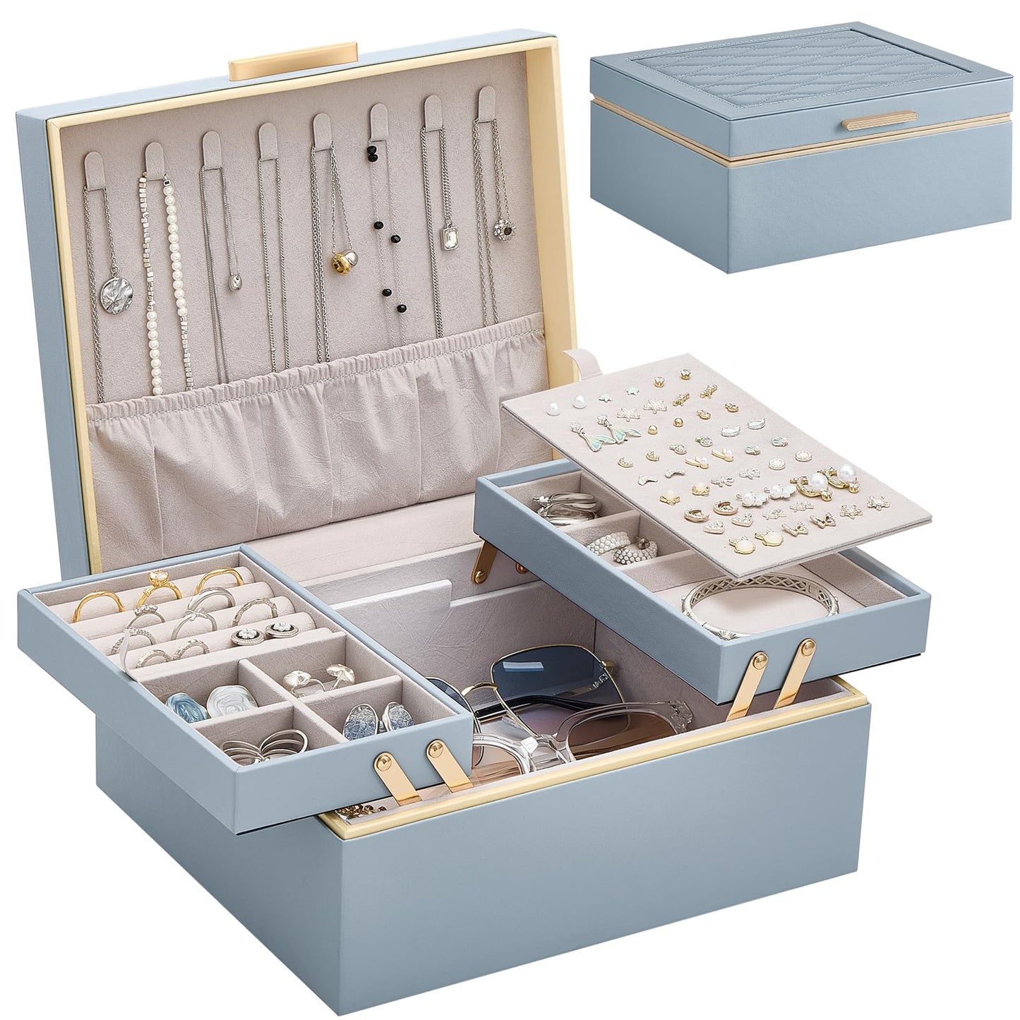 Lolalet Jewelry Box Organizer for Women Girls, 2 Layer Jewelry Organizers and Storage for Necklace Earrings Rings Bracelets, Large Jewellery Holder Case Birthday Mothers Day Gifts -HazeBlue