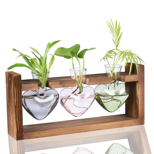 Kingbuy 3-Heart Plant Terrarium Kit - Stained Glass Vase Propagation Station with Vintage Wood Stand - Wall-Mounted & Tabletop Indoor Garden Decor for Home Kitchen Wedding (Grey, Green, Pink)