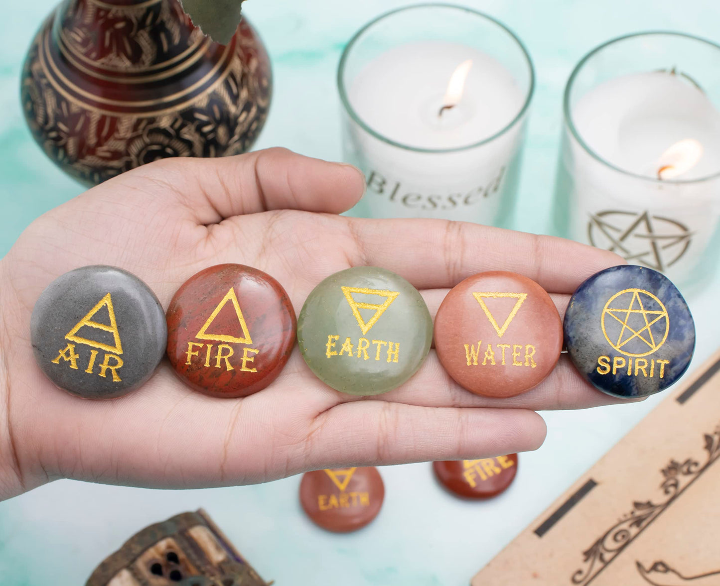 Crocon 5 Elements Assorted Stones Round Shape Engraved Triangle Symbols (Earth Air Fire Water Spirit) Polished Palm Stones for Gemstone Reiki Crystals Healing Stones Meditation Divination Gifts