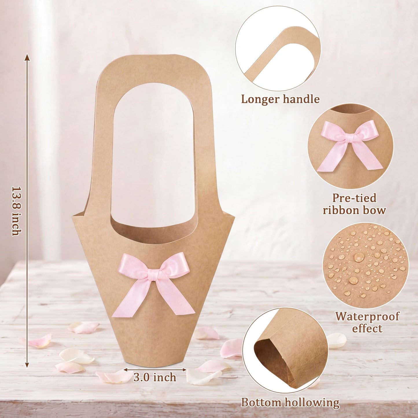 Mooliwe 20 Pcs Wedding Flower Bouquet Holder with Bow Flower Paper Gift Bags with Handles Kraft Packaging Wrap Bags for Florist Wedding Birthday Baby Shower Small Business Party Decor