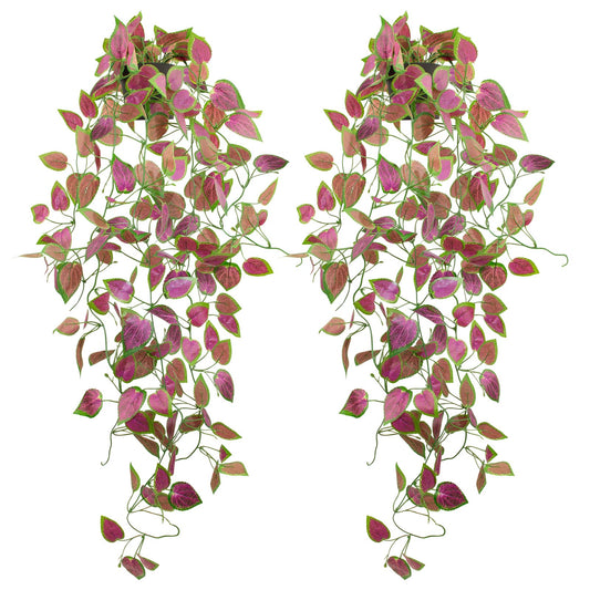 LOYWREE 2 Pack Artificial Purple Ivy Hanging Vine Plants - Small Potted Long Trailing Cascading Foliage, Gothic Home Decor for Indoor/Outdoor, Office, Garden & Shelf (Black Pot)