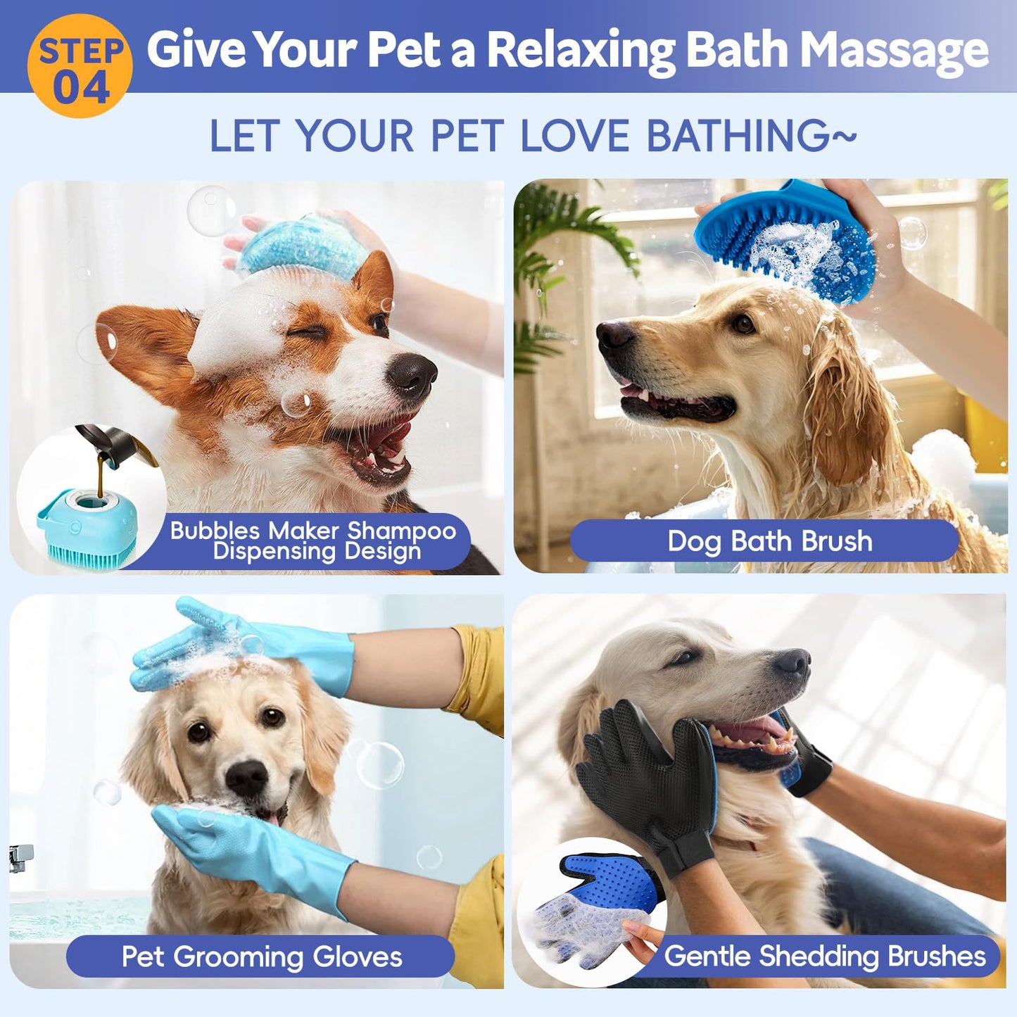Dog Brush for Shedding 13pcs Bath Grooming Kit with Pet Nail Clipper and File - Dog Bath Brush Cat Grooming Supplies, Dematting Comb Bath Brush Shampoo Scrubber for Dogs and Cats