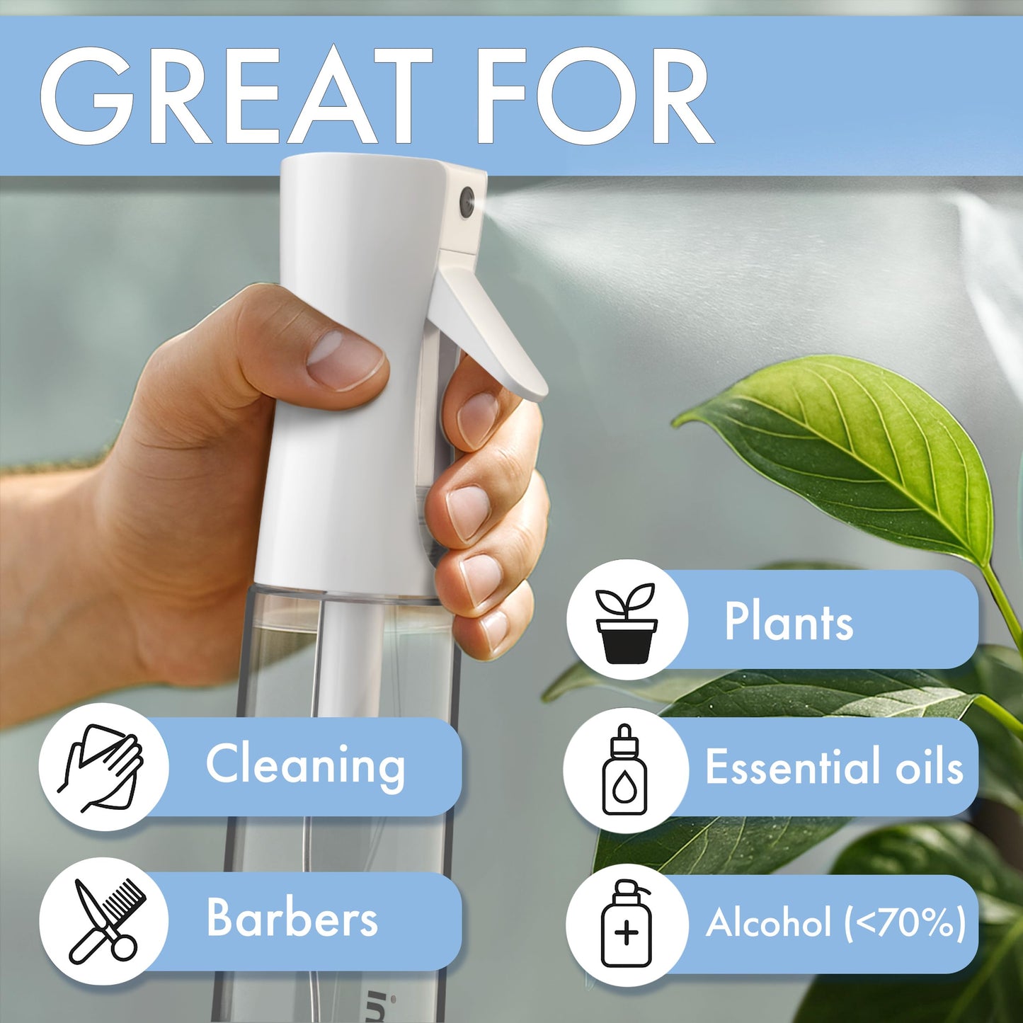 Cotouni Continuous Spray Bottle for Hair Care, Hydrating Skin Care | Plant Mister or Squirt Bottle for Ironing and Cleaning, 10.1 fl oz/300 mL Clear Glass, 9.8"(H) x 2.08"(W)