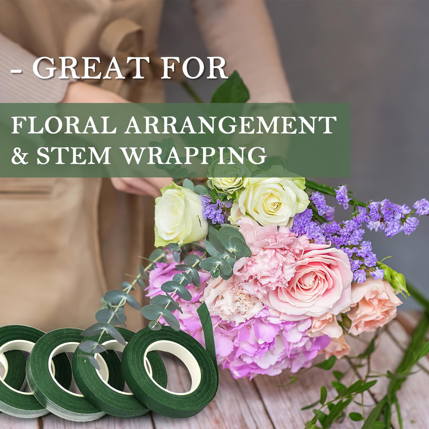 COIDEA 8 Rolls Floral Tape, 1/2" Wide Flower Tape, Dark Green Floral Tape for Fresh Flowers, Adhesive Florist Tape for Floral Crafts, Bouquet Floral Arranging Stem Wrapping, Wedding Bouquet, 30Yard