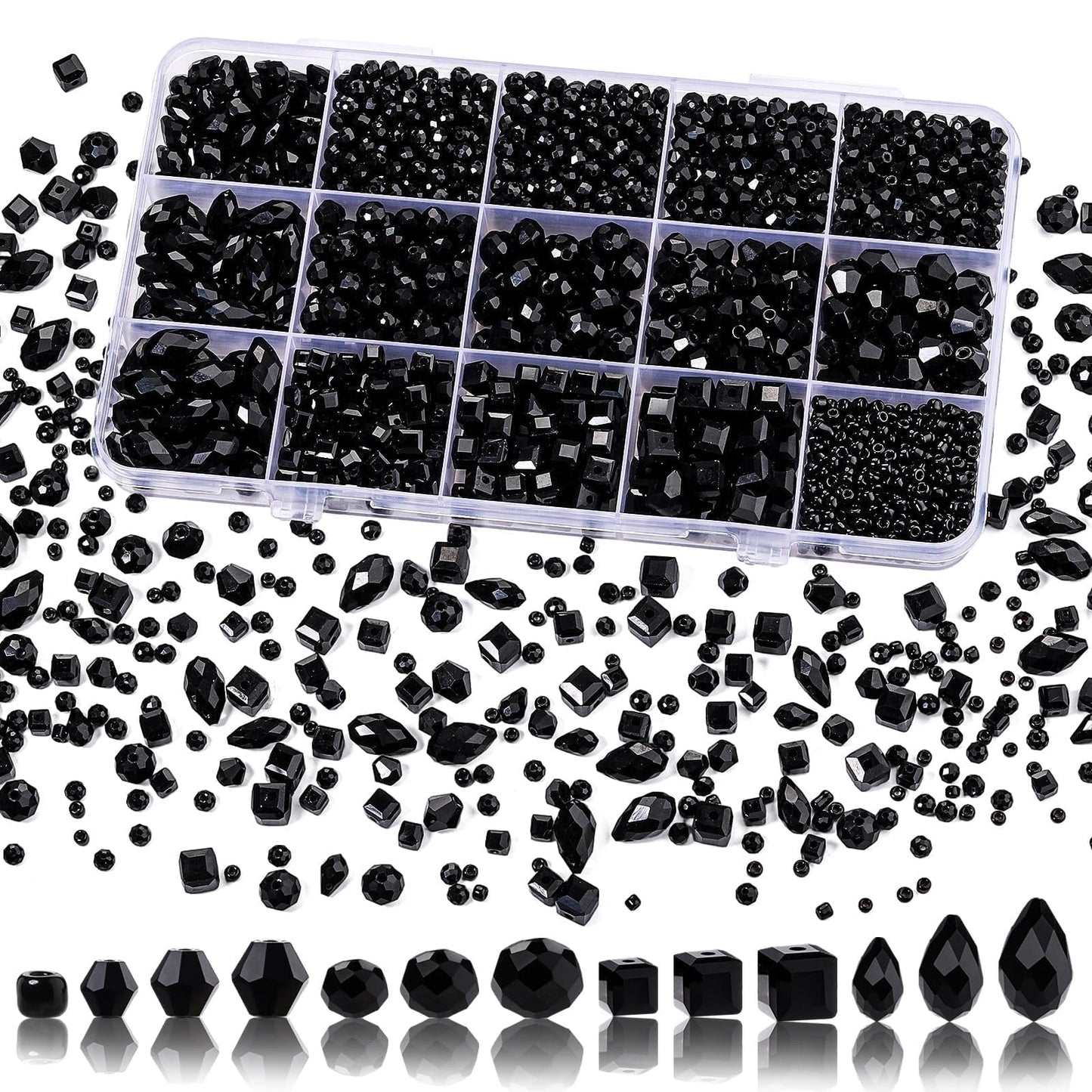 Song Xi 1500PCS Glass Beads for Jewelry Making, Assorted Faceted Crystal Beads Kit for Bracelet Earring Necklace, for DIY Clear and Iridescent Christmas Gift (Black) ﻿ ﻿