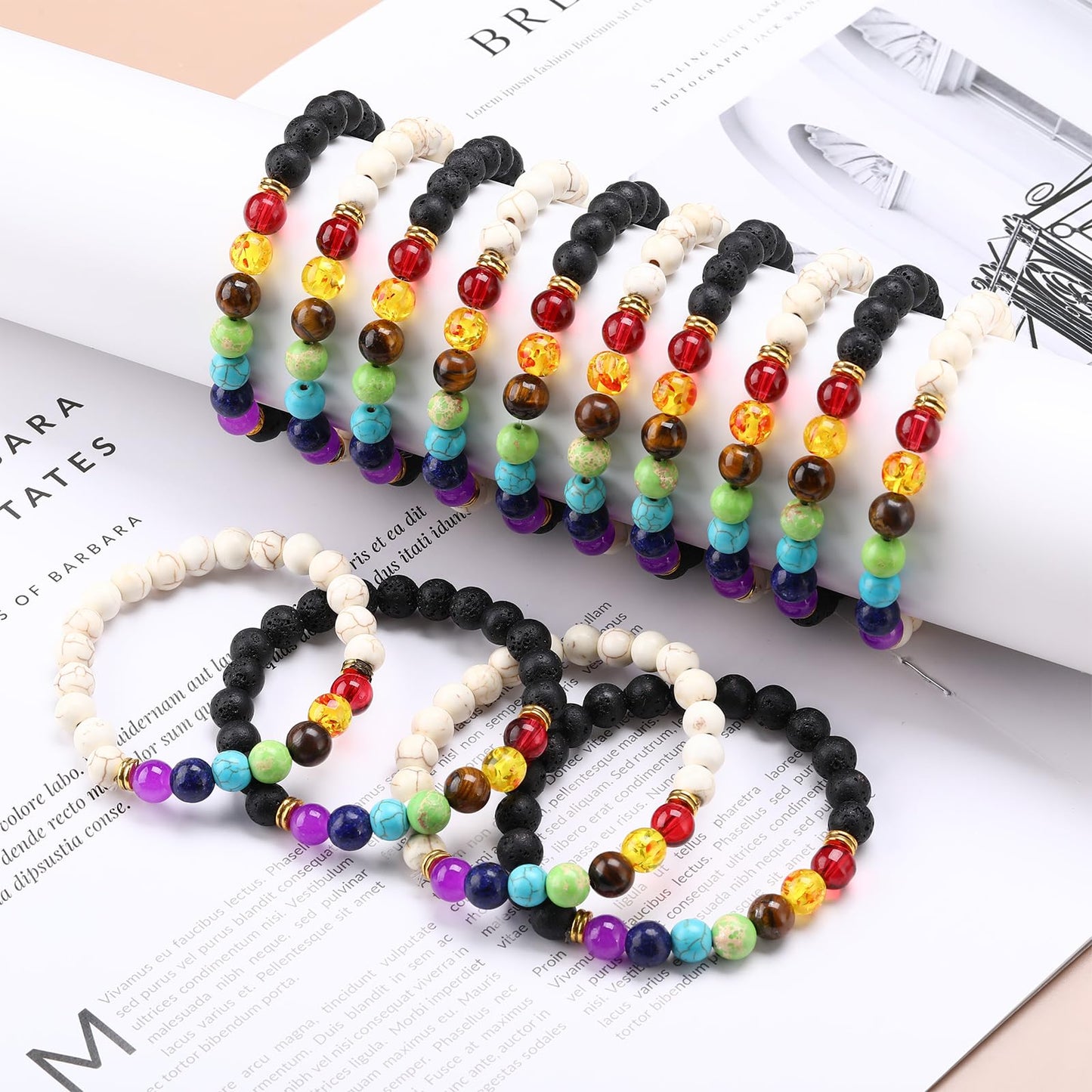 Huquary 24 Pcs Chakra Bracelets for Women Volcanic Rock 7 Chakras Crystals and Healing Stones Bracelets 8mm Natural Stone Yoga Beaded Wristlet for Women Men Essential Oil Diffuser