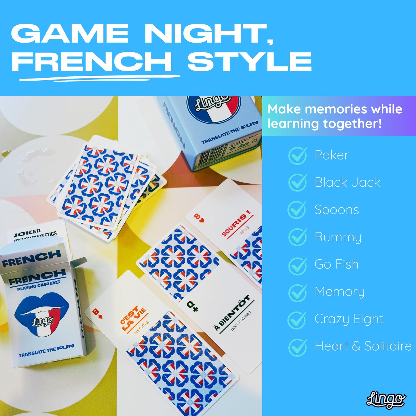 Lingo French Playing Cards in Wayfarer Tin Box | Travel Flashcards | Learn French Vocabulary in A Fun & Easy Way | 52 Essential Translations