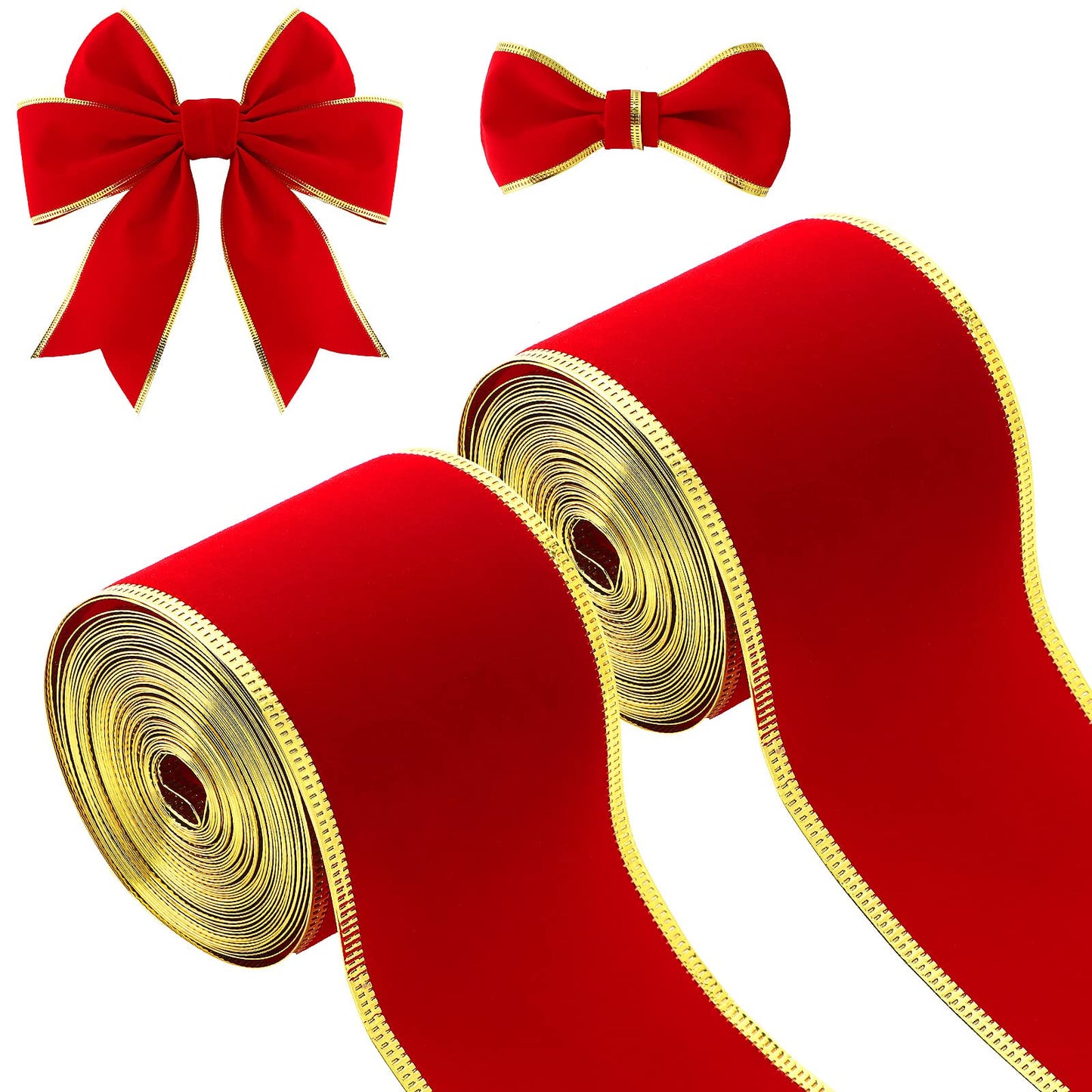 2 Rolls 2.5 Inch x 12 Yards Red Velvet Ribbon Christmas Wide Ribbons Red Wrapping Ribbon Craft Fabric Ribbons with Golden Edge for Wreaths DIY Crafts Bows Christmas Party Decoration