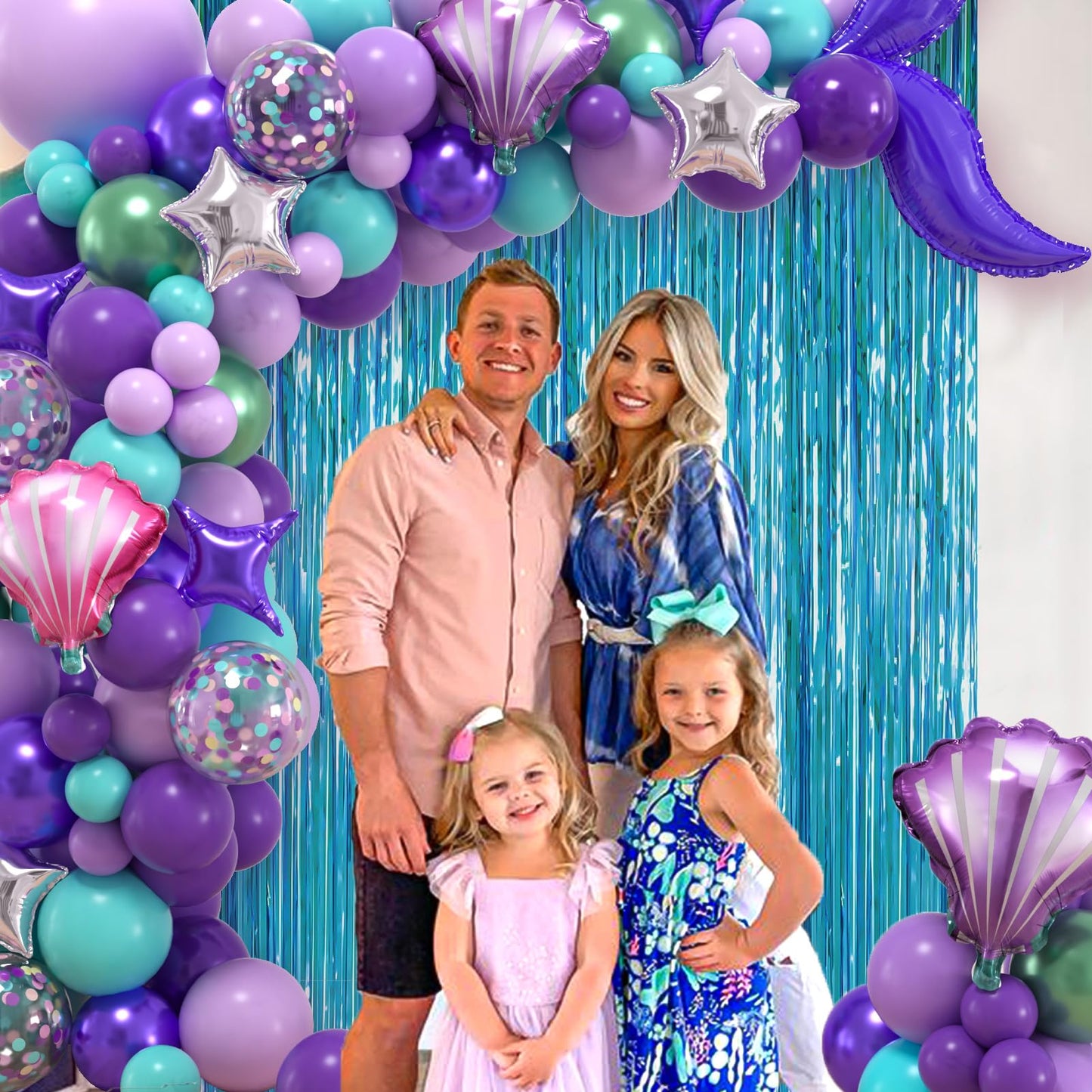 SNLN 139Pcs Mermaid Birthday Party Decorations Supplies for Girl Kid, Mermaid Balloon Arch & Backdrop Tablecloth Fringe Curtain Tail Shell Star Foil Balloon, Princess Themed Mermaids Party Decoration