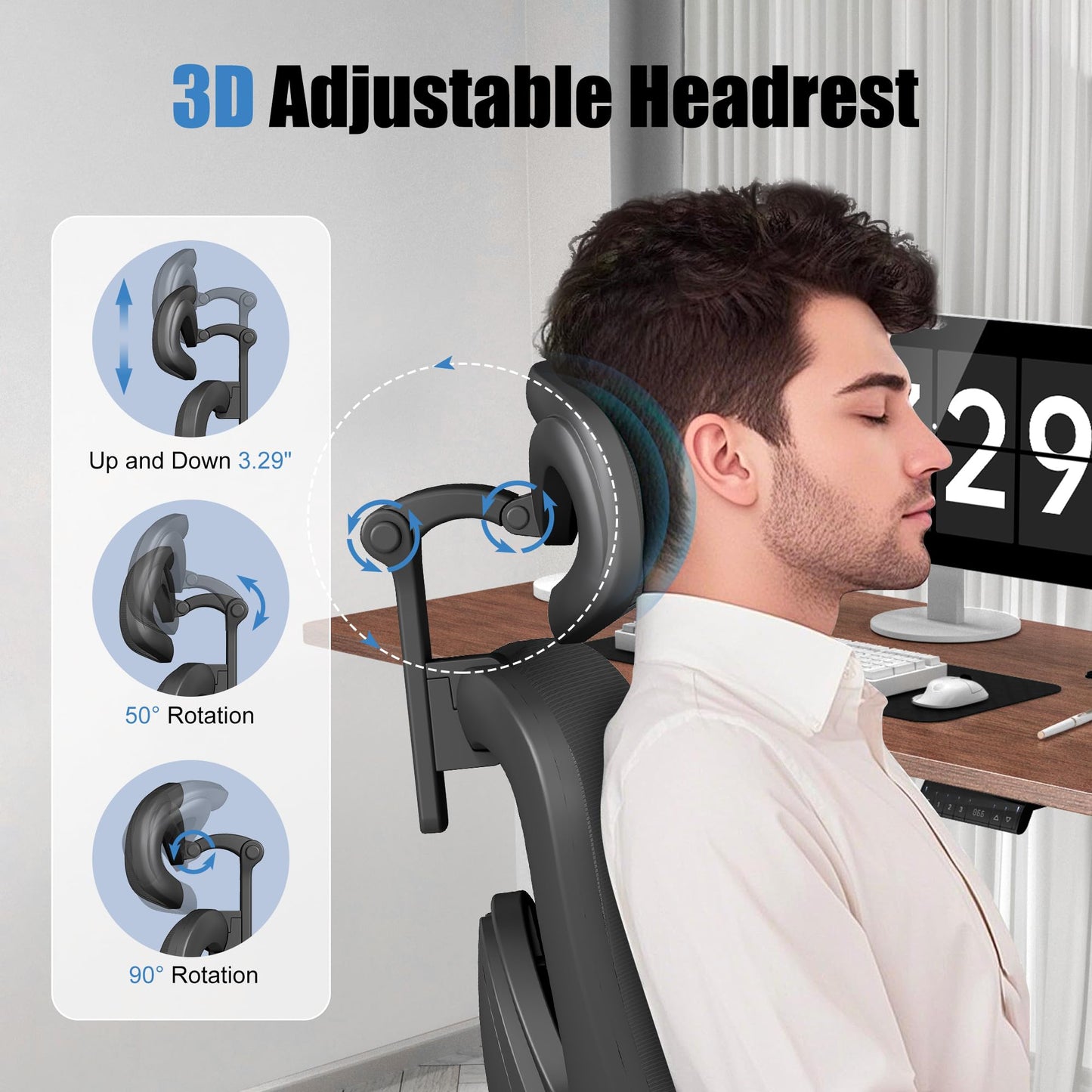 Ergonomic Office Chair with Adjustable Lumbar Support, 3D Arms and Headrest, High Back Wide Desk Computer Chair with Wheels, for Home & Office, Black