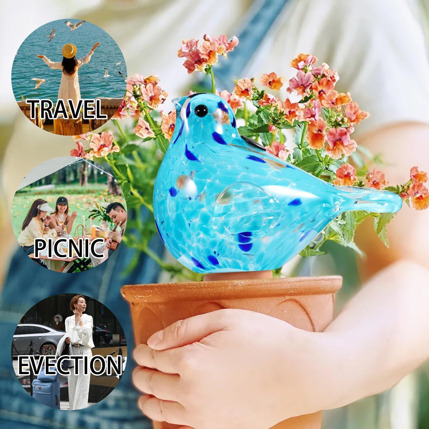 Plant Watering Globes, Bird Glass Self Watering Planter Insert - For Indoor & Outdoor Plants - Glass Plant Water Globes For Daily Use, Planter Spikes To Support Indoor & Outdoor Plant Health, Sky Bule