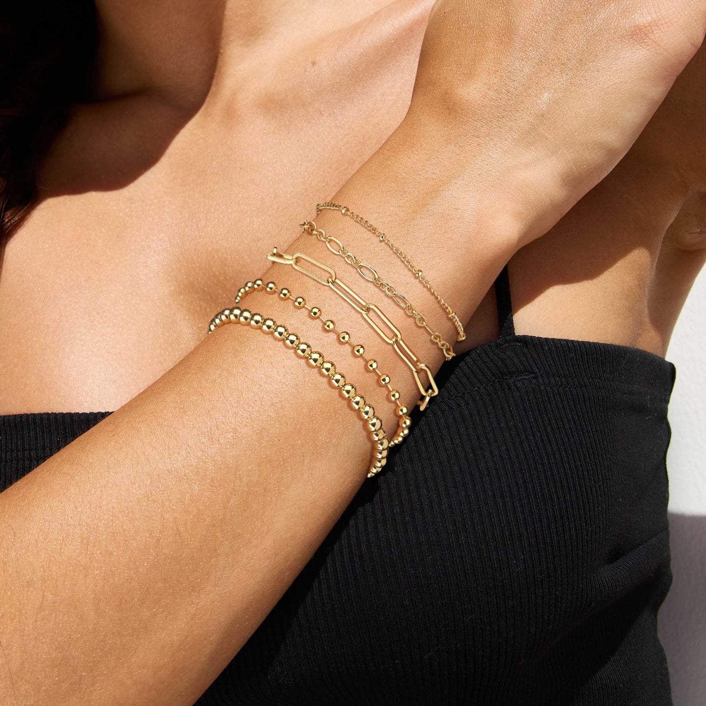 DEARMAY 14K Gold Plated Bracelets for Women Gold Jewelry Set for Women Beaded Bracelets Dainty Paperclip Chain Bracelet Pack Gifts