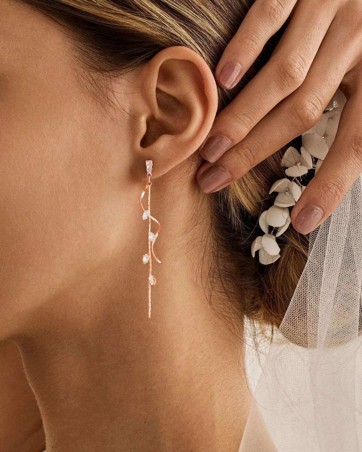 PRTGL Dangle Earrings for Women - 14K Rose Gold Plated Long Twist Tassel Dangle Earrings with Tiny Cubic Zirconia