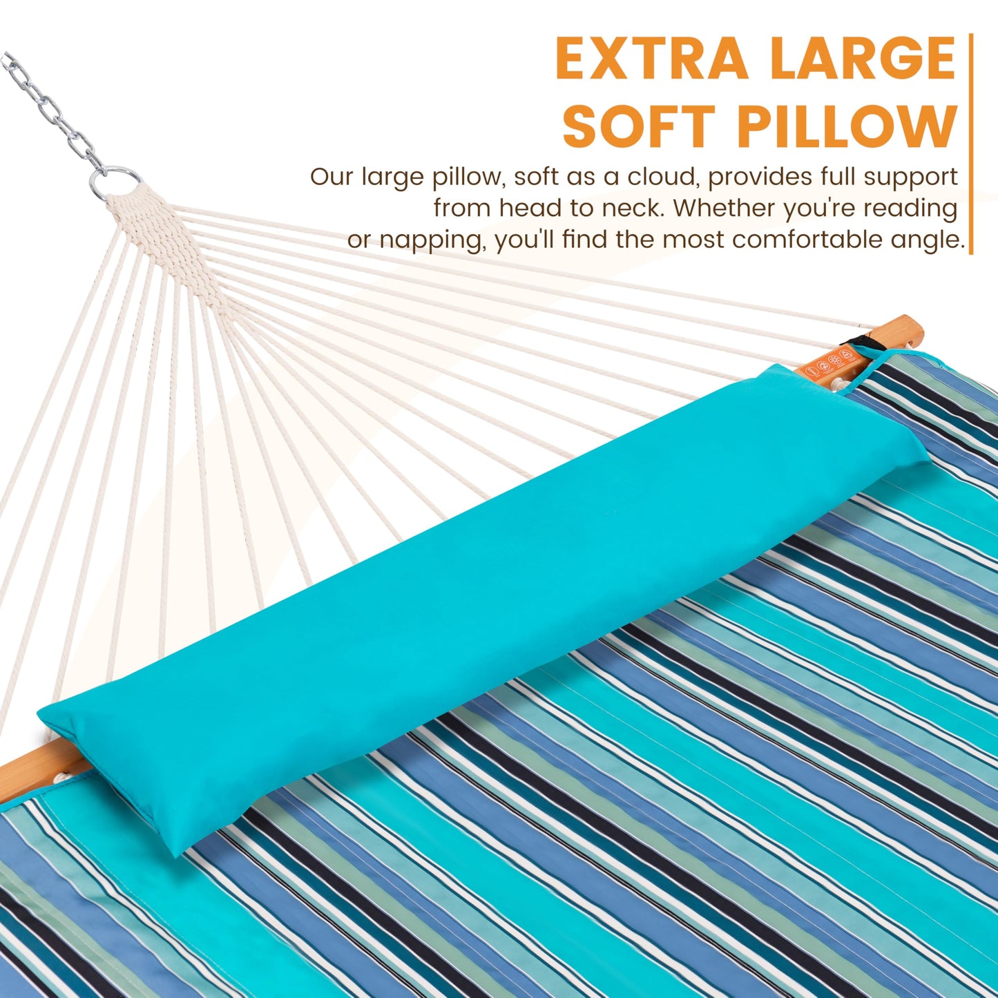 Lazy Daze Hammocks 2 Person Portable Hammock with 12FT Stand, Double Hand Woven Cotton Rope Hammock with Detachable Quilted Pad & Pillow for Outside, 450lb Capacity, Blue Stripes