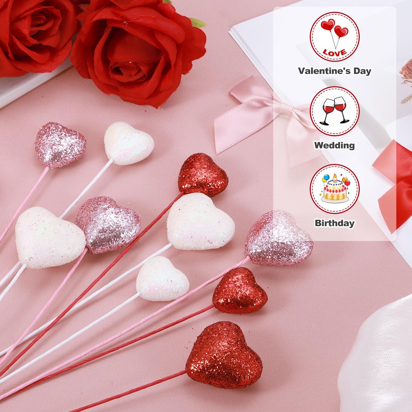 MECCANIXITY 24 Pcs Glitter Heart Shaped Picks Puffy Foam Hearts Floral Sparkly Stick for Valentine's Day Wedding Decorations Home Vase Supplies Flower Arrangements Crafts (Pink, 4cm x 22cm)
