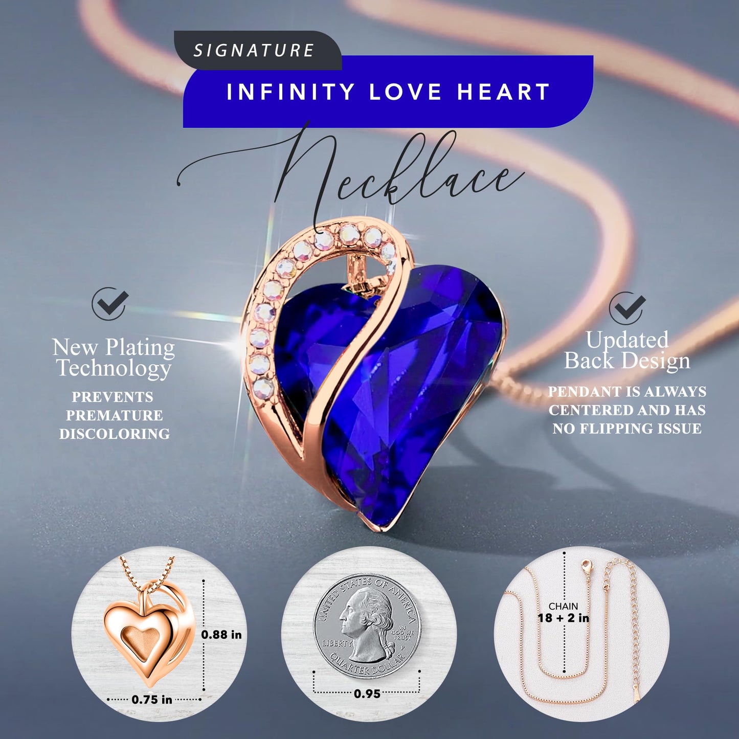 Leafael Gifts for Women Rose Gold Plated Necklaces: Heart Dark Sapphire Blue Crystal, September Birthstone, Hypoallergenic Chain (18"+2"), Birthday Jewelry for Mom and Wife