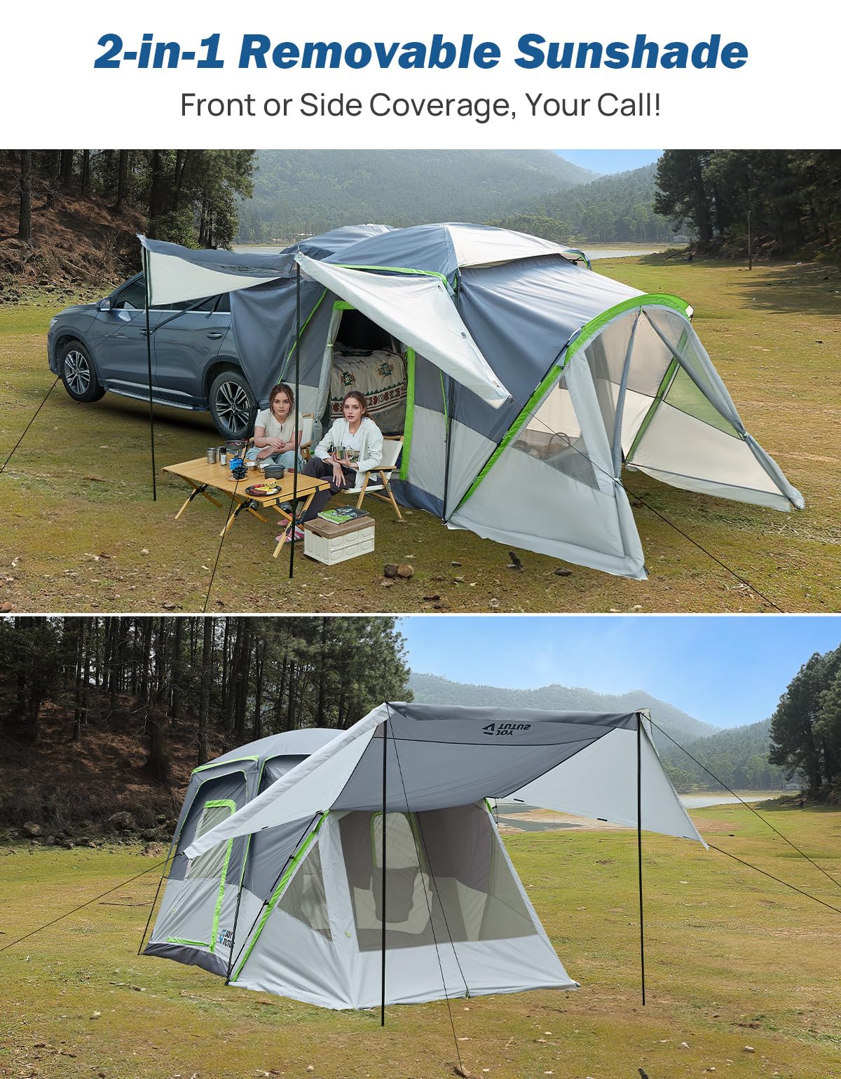 JOYTUTUS SUV Tent with Screen Porch and Awning for Family Camping, 60% More Space Car Tent for 5-9 Person, Dual-Use SUV or Camping with Rainfly, Double Door, Starry Sky Roof, Fit for SUV Car Van